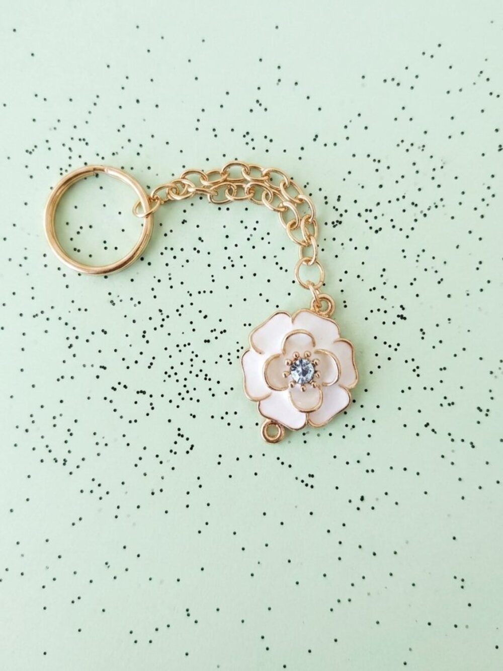 Handmade White Enamel Flower Keychain | Rhinestone Gold Tone Bag Charm